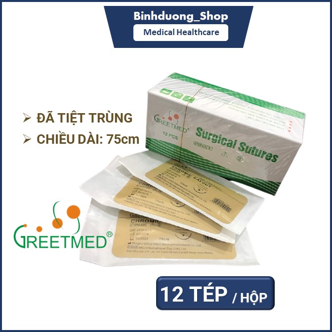 Hộp 12 tép Chỉ phẫu thuật chromic cagut 3/0 Greetmed tự tiêu