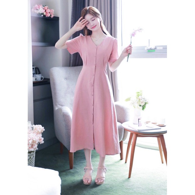 Đầm hồng nút bọc form dài