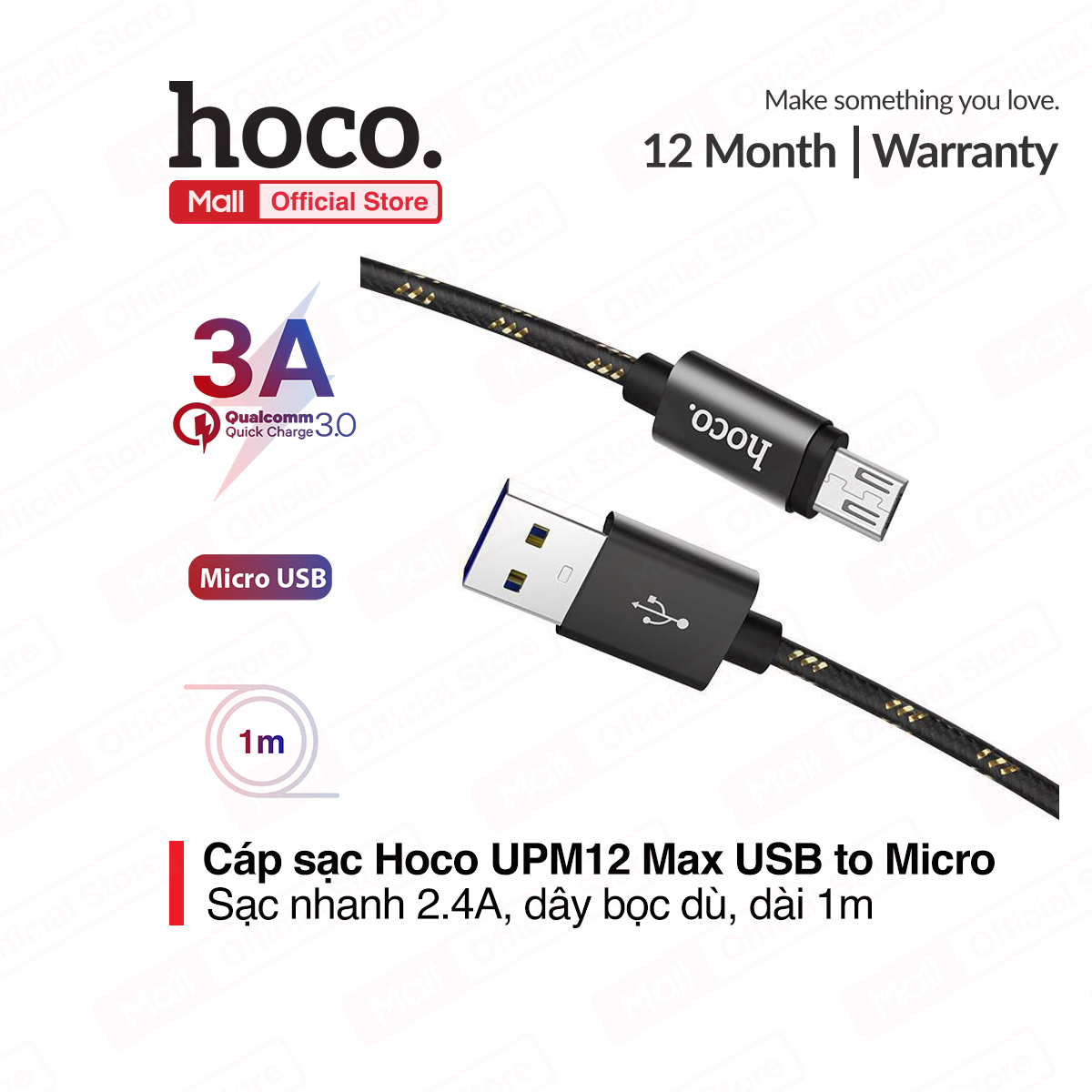 Cáp sạc micro usb hoco upm12 sạc nhanh 3a max dài 100cm - bản giới hạn