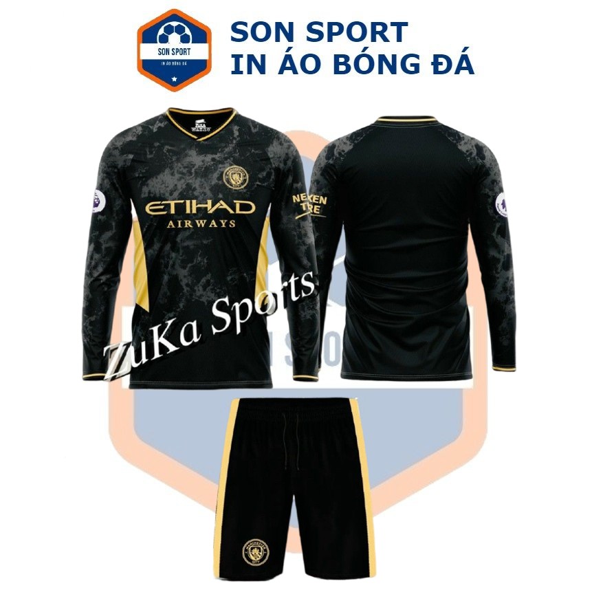 Bộ Quần Áo Bóng Đá Dài Tay CLB Manchester City Đen Loang