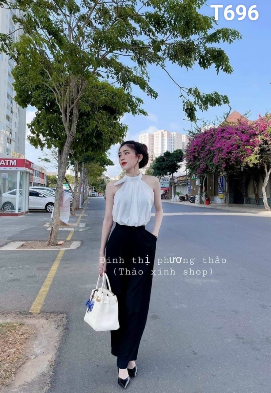 Set áo cổ yếm vải kate quần lụa cao cấp T696