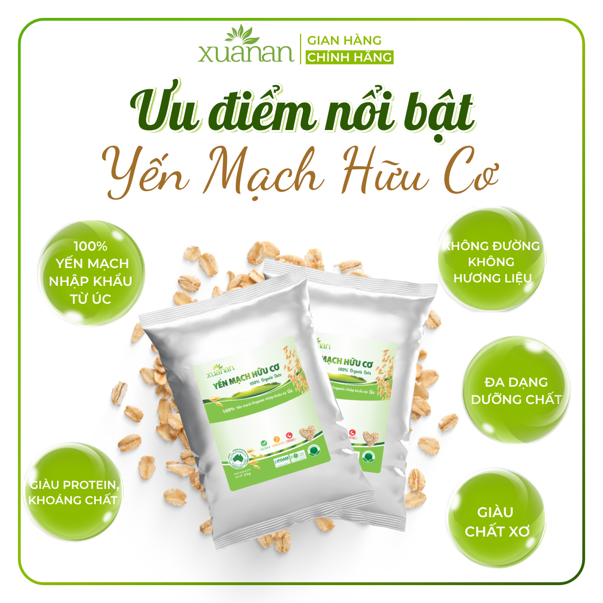 Yến Mạch Hữu Cơ Xuân An [ko đường] Túi 3Kg [cán dẹt] (Giảm 20%)