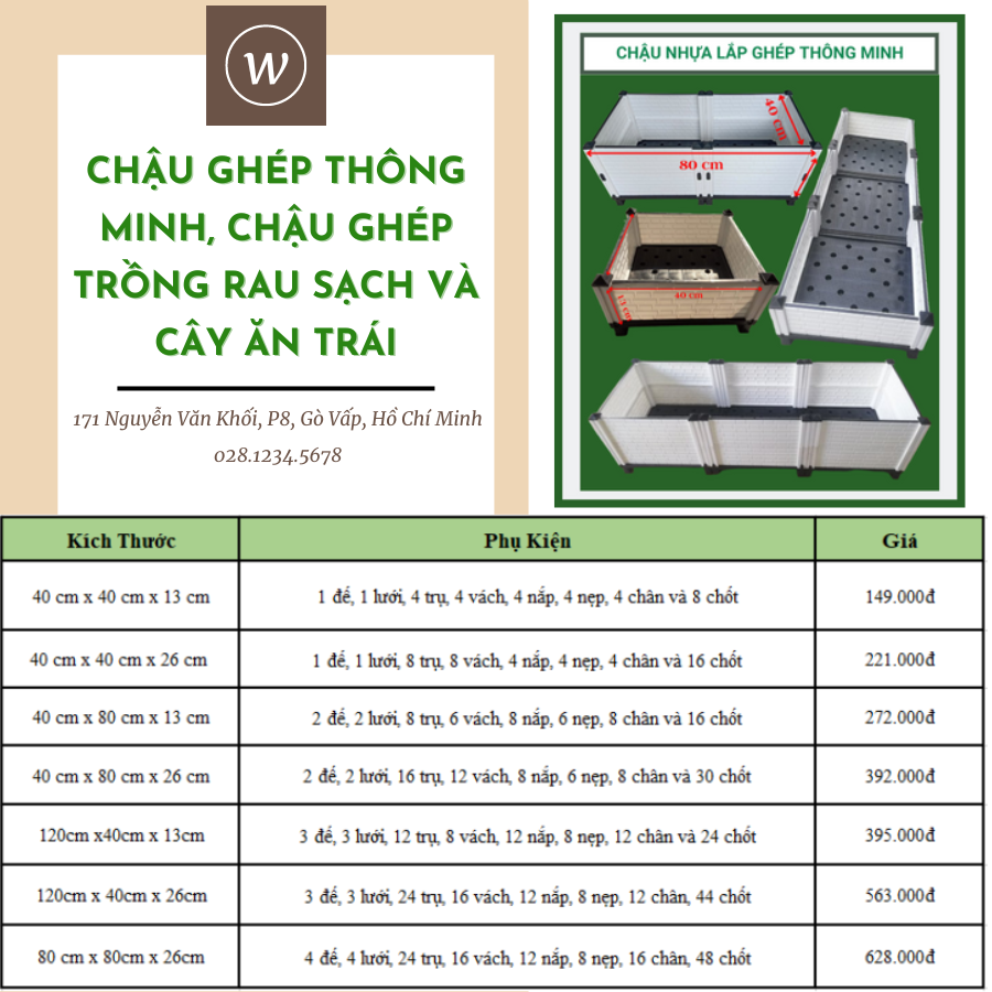 Chậu nhựa ghép thông minh 40x80x26 màu trắng, sang trọng, ghép mọi kích thước, phù hợp mọi cây trồng (Vườn Sài Gòn - Vuon Sai Gon)