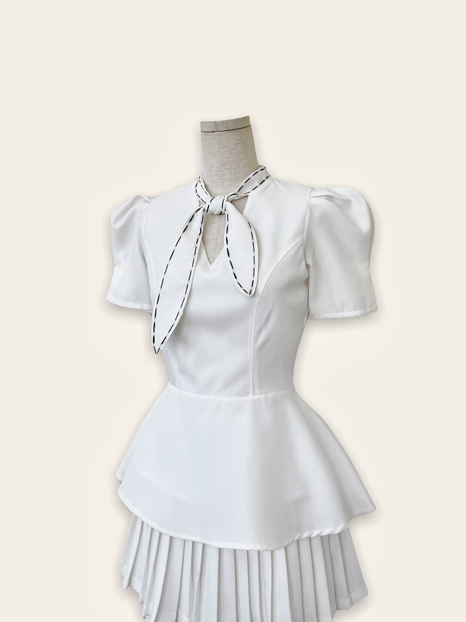 [Ảnh thật] Áo peplum cổ V chỉ nổi cột nơ cổ