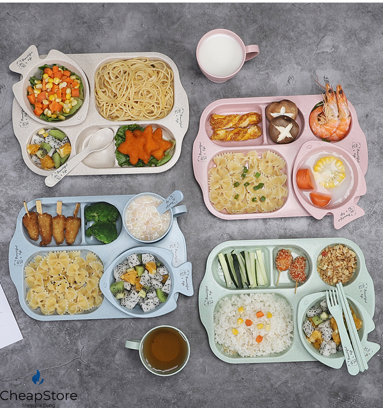 Bộ Khay ăn dặm lúa mạch hình cá, Bát ăn dặm lúa mạch 6 món,  Dĩa Chén tập ăn cho bé  ( Khay, Ly, Bát, Thìa, Nĩa, Đũa )