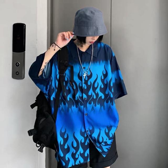 Áo sơ mi tay lỡ unisex màu đen LỬA XANH cực chất