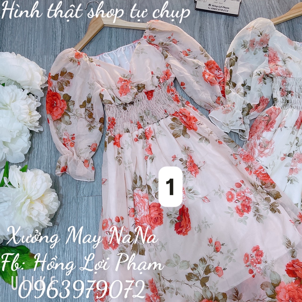 Đầm maxi tay phồng nhún ngực