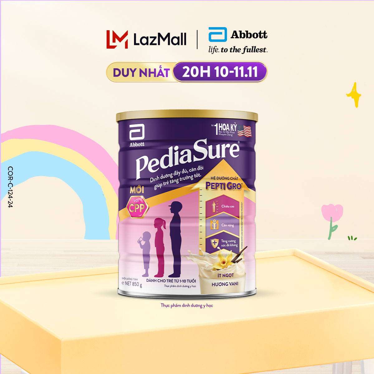 Lon sữa bột Pediasure hương vani 850g (mẫu mới)
