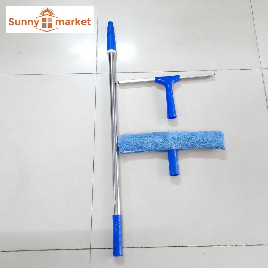 Bộ lau kính inox cao cấp dài 2m với 2 đầu: tay gạt kính, tay lau bông thỏ