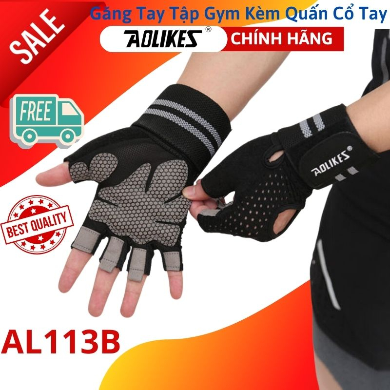 Găng Tay Nửa Ngón Tập Gym, Tập Tạ Tích Hợp Quấn Cổ Tay Aolikes AL113B 113 AL113  - Chính Hãng Aolikes