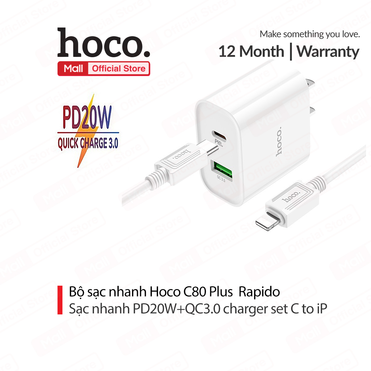 Bộ sạc hoco c80 plus 20w sạc nhanh củ sạc chân dẹt pd+qc3.0 chuẩn uk