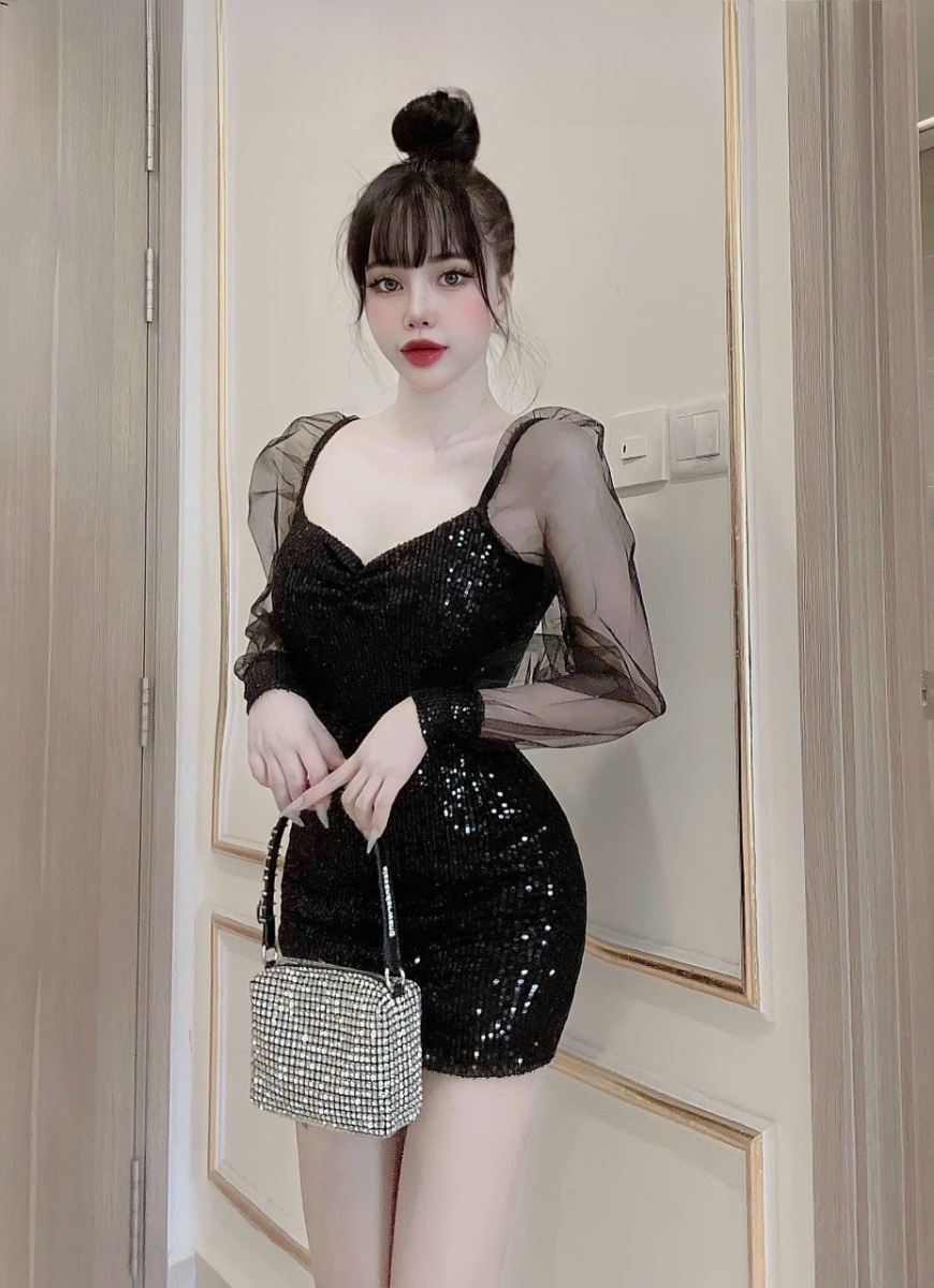 Đầm dự tiệc kim sa phối tay lưới (có mút, có lót)