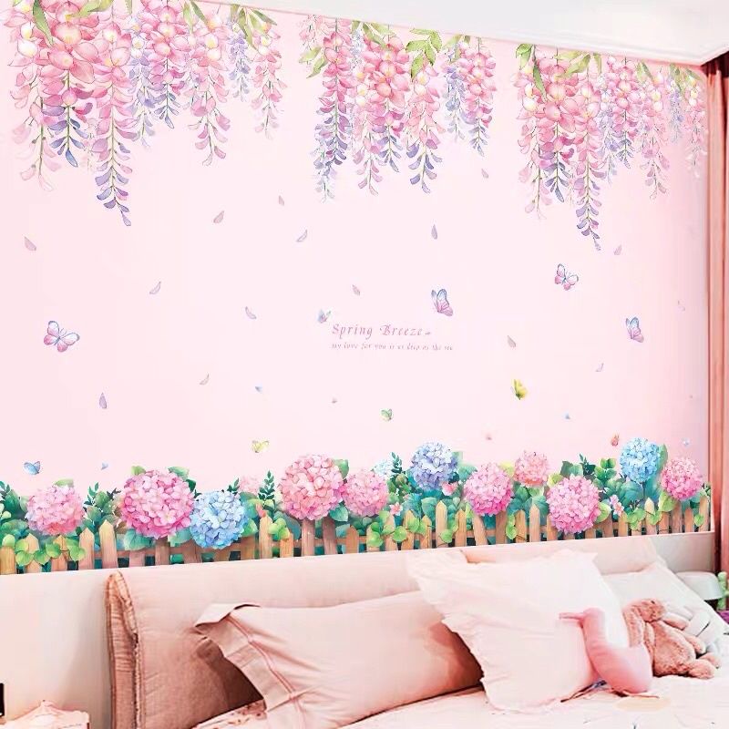 Decal dán tường tán hoa và chân cẩm tú cầu( tranh ghép)