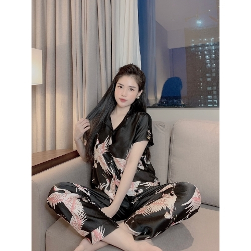 Bộ Pizama lụa Satin - 💖Bộ lụa họa tiết con hạc tay Cộc - Quần Dài