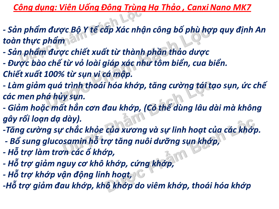 [Combo 2 Lọ] Aquamin Canxi Nano Mk7 Đông Trùng Hạ Thảo Sụn Cá Mập Hỗ Trợ Làm Trơn Các Ổ Khớp Giảm Nguy Cơ Khô Khớp Cứng Khớp Giúp Khớp Vận Động Linh Hoạt Giảm Triệu Chứng Của Thoái Hóa - Dược Phẩm Bách Lộc