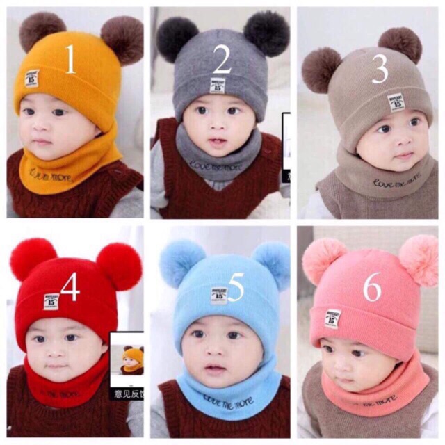 Set Khăn Mũ Len 2 Quả Bông Cho Bé