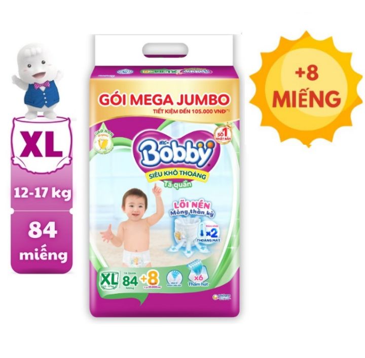 Tã/bỉm quần Bobby Mega Jumbo XXL84/XXL76 + 8 MIẾNG- Lõi nén thần kì 3mm - Siêu mỏng khô thoáng bất ngờ (14-25 kg)