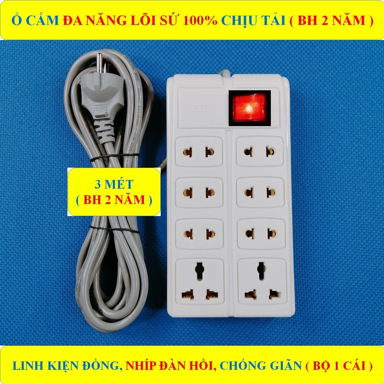 Ổ cắm điện ĐA NĂNG liền dây CHỊU TẢI CAO + BH 2 NĂM + Dây dài 3 mét + 1 Công tắc + 8 Ổ cắm đa năng LÕI SỨ chịu tải, chịu nhiệt HÀNG LOẠI 1 cao cấp (bộ 1 sản phẩm)