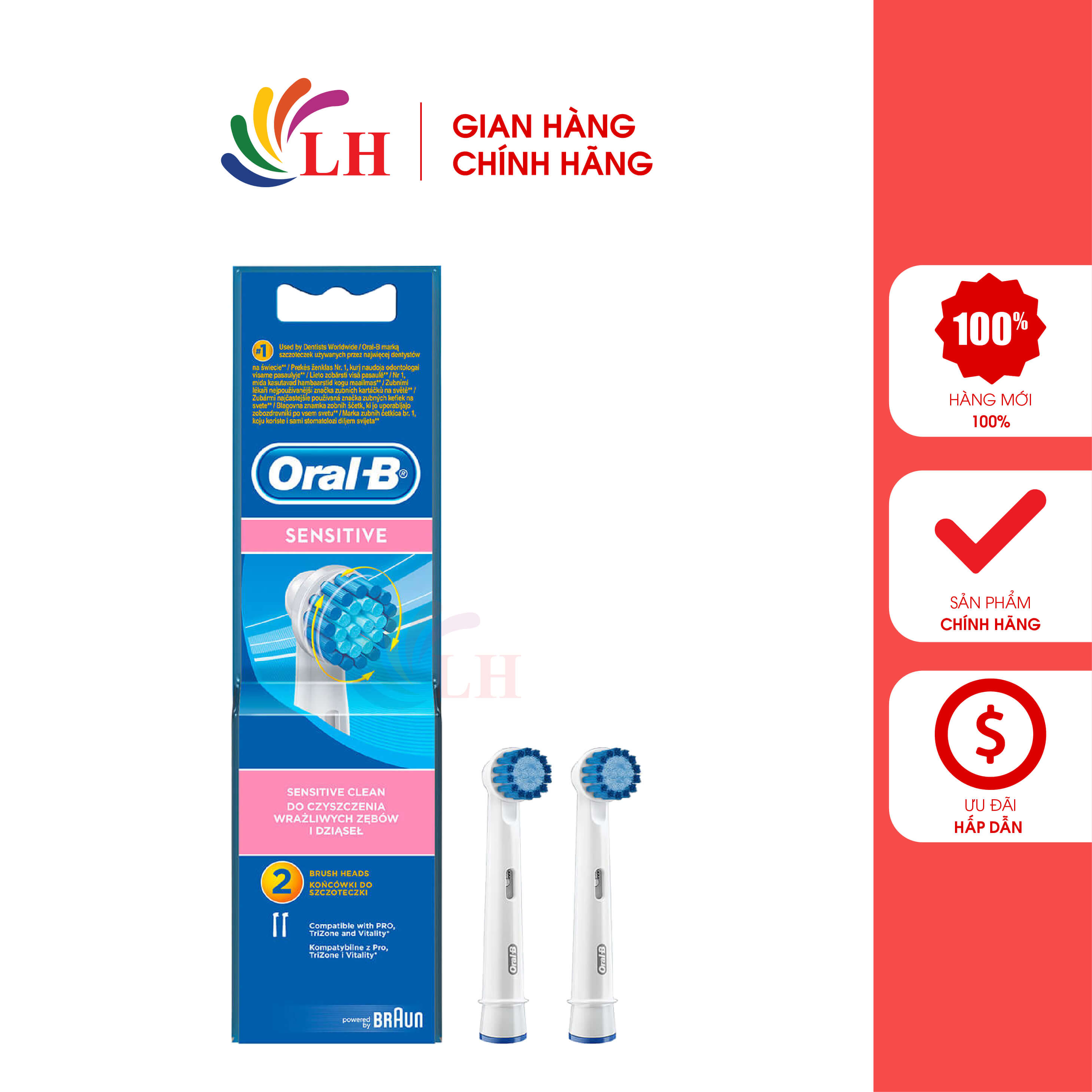 Đầu bàn chải thay thế bàn chải điện Oral-B Sensitive Clean - Dùng thay thế cho các đầu bàn chải Oral-B, loại bỏ mảng bám trên răng giúp răng chắc khỏe