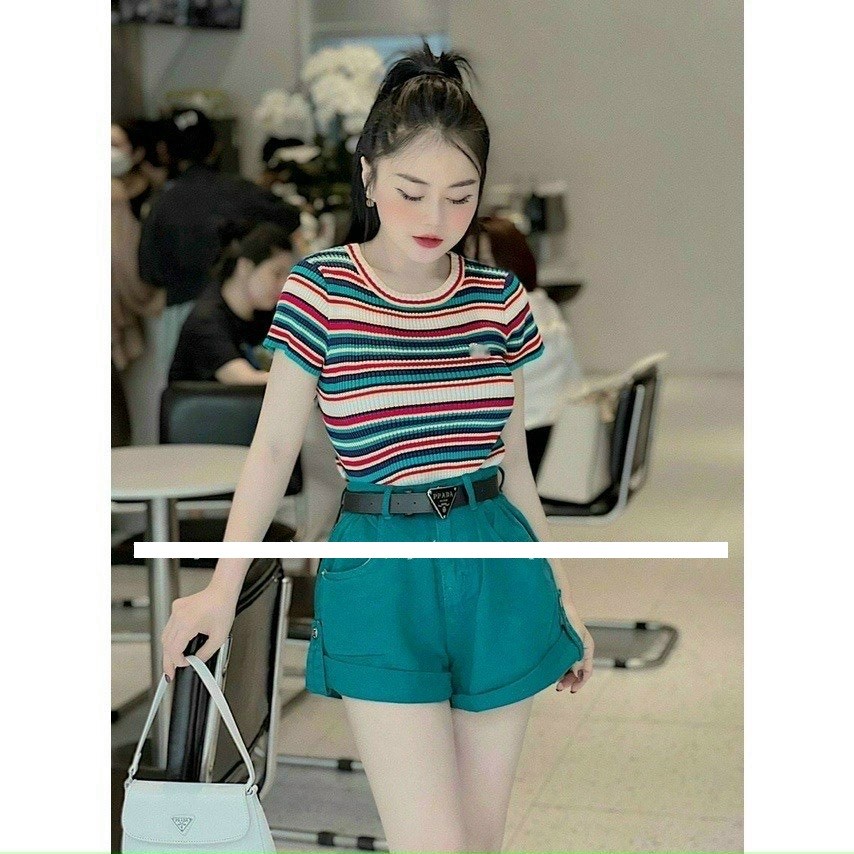 Áo len nữ kẻ mongtoghi ngắn tay
