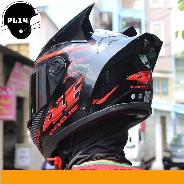Nón Fullface AGU Tem Đỏ Đen Gắn Thêm Sừng + Đuôi Gió