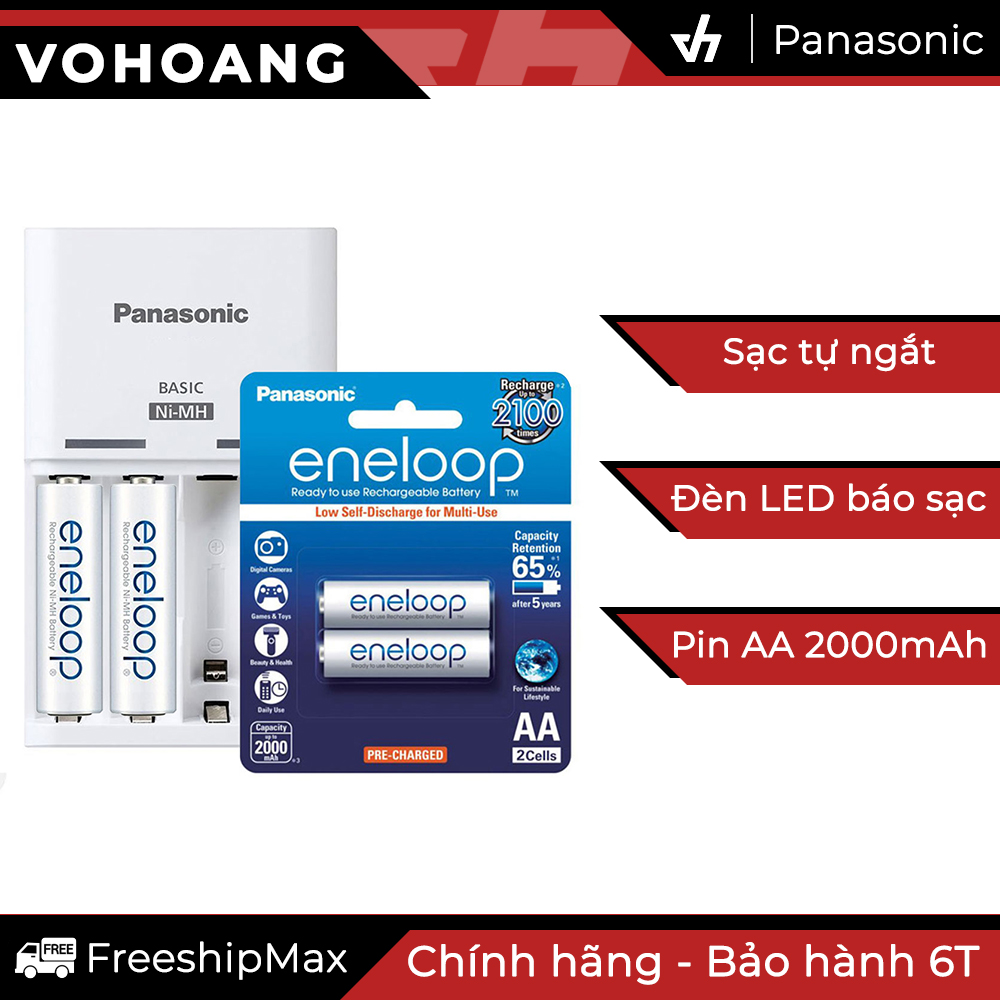 Bộ sạc pin Panasonic kèm 2 pin sạc AA - Tự ngắt sạc an toàn, đèn Led báo tín hiệu