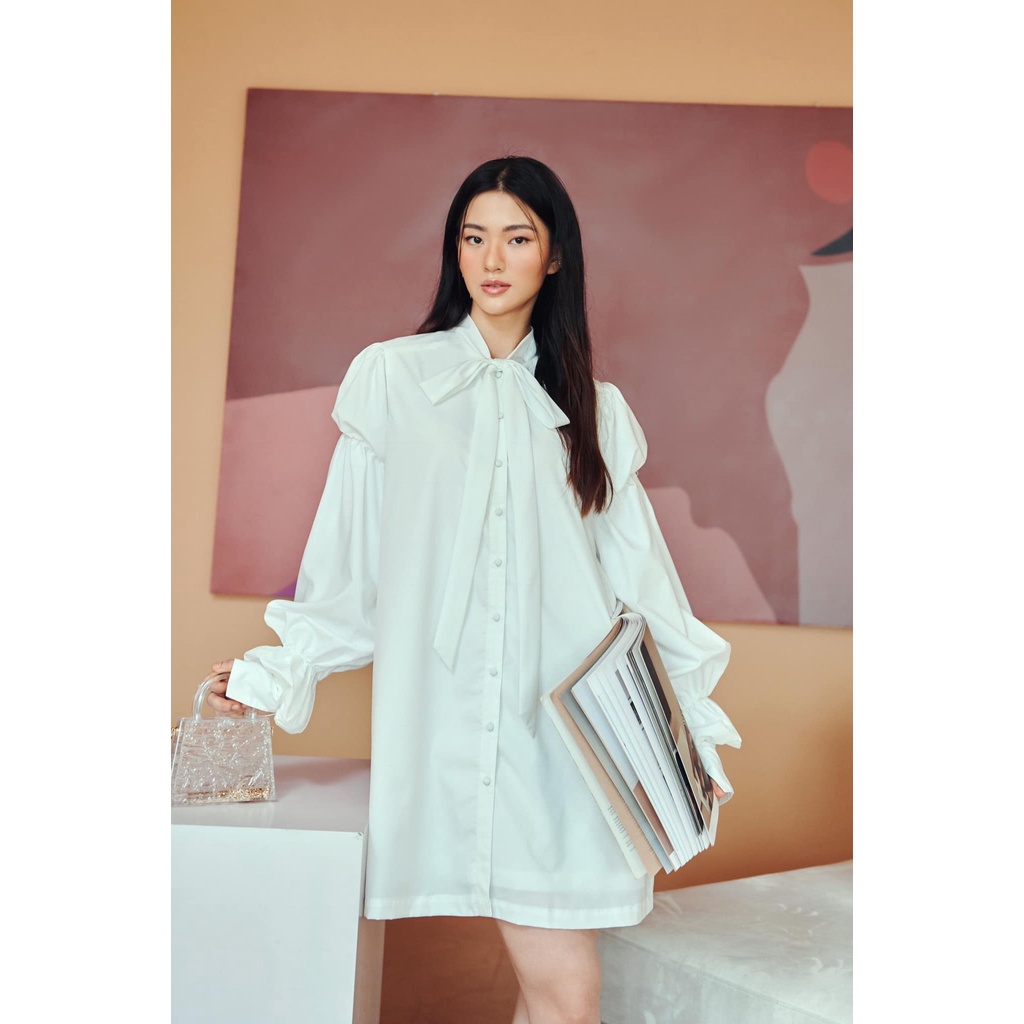 Cigno-đầm sơ mi cổ trụ thắt nơ tay nhún phồng abbey dress