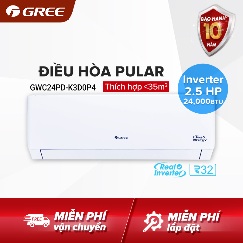 Bảng giá Điều hòa GREE- công nghệ Real Inverter- 2.5HP (24.000 BTU) - PULAR GWC24PD-K3D0P4 (Trắng) - Hàng phân phối chính hãng