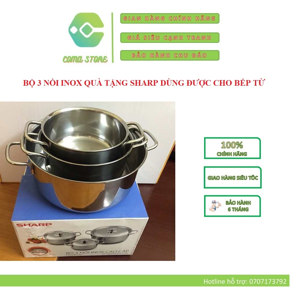 [HCM]BỘ 3 NỒI INOX 410 SHARP DÙNG ĐƯỢC CHO BẾP TỪ