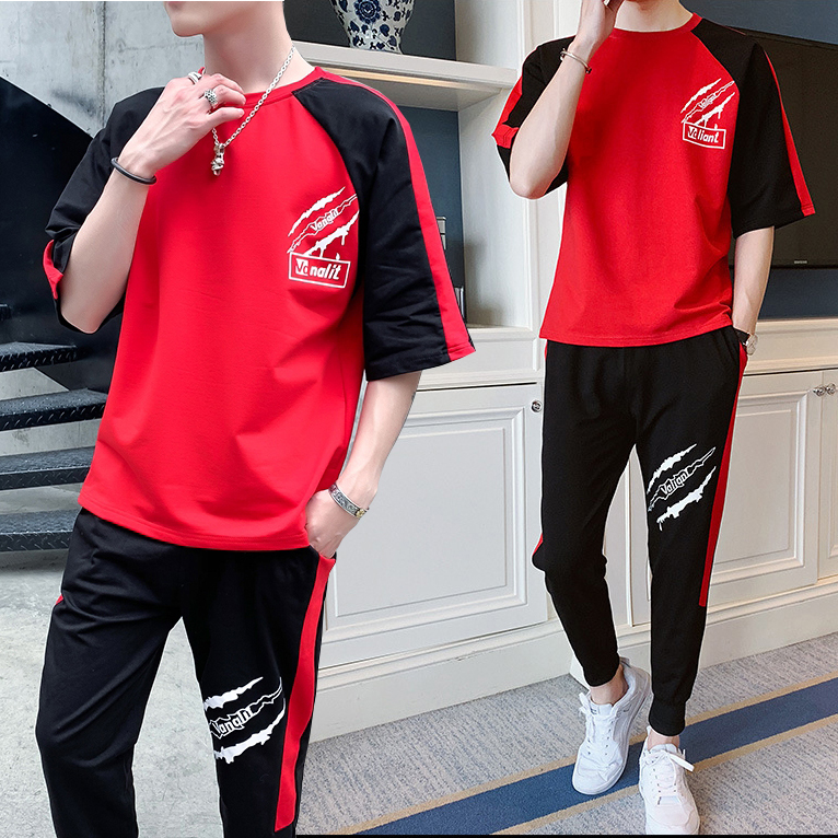 Bộ Quần Áo Thun Nam Thể Thao Mùa Hè Thể Thao Ngắn Tay Kết Hợp Quần Dài Họa Tiết Vết Cào Cá Tính FORYOU SET NAM 90000109
