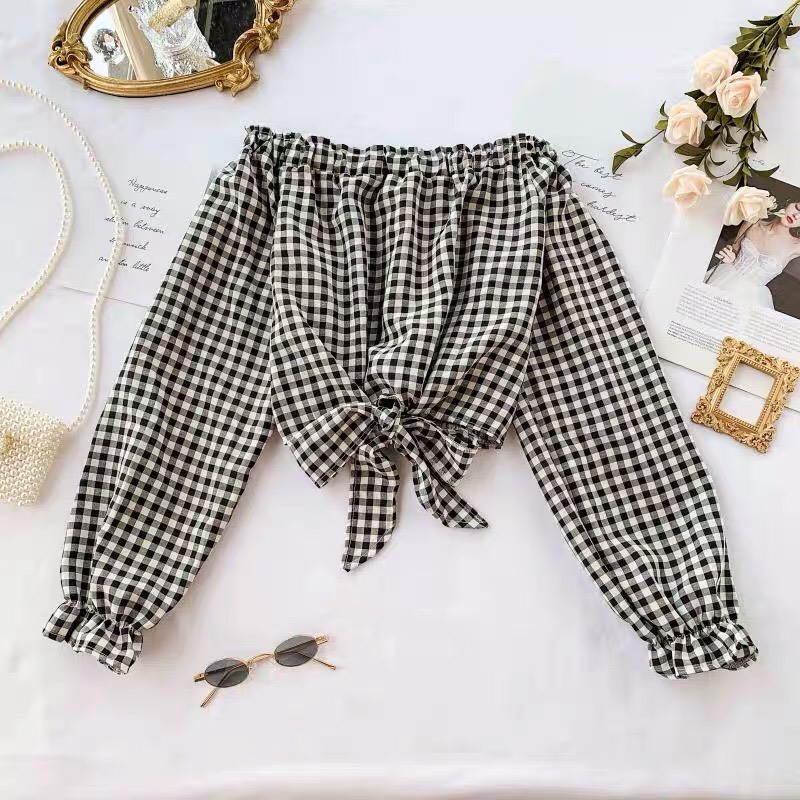 Áo caro kate bẹt vai tay dài phối nơ bụng siêu xinh TTSA0145