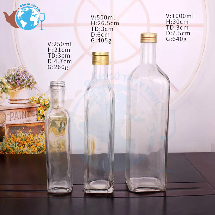 Combo 3 chai thủy tinh vuông nắp nhôm cao gồm chai thủy tinh VUÔNG nắp nhôm 1000ML, 500ml và 250ml