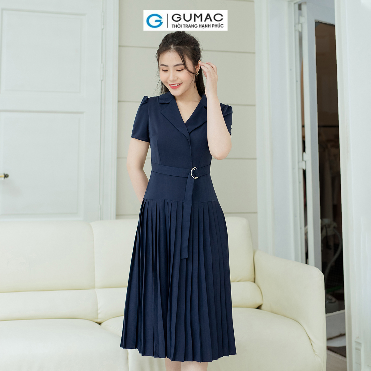 Đầm nữ dáng A cổ danton GUMAC DD08016 dập ly, eo phối dây khoen kiểu