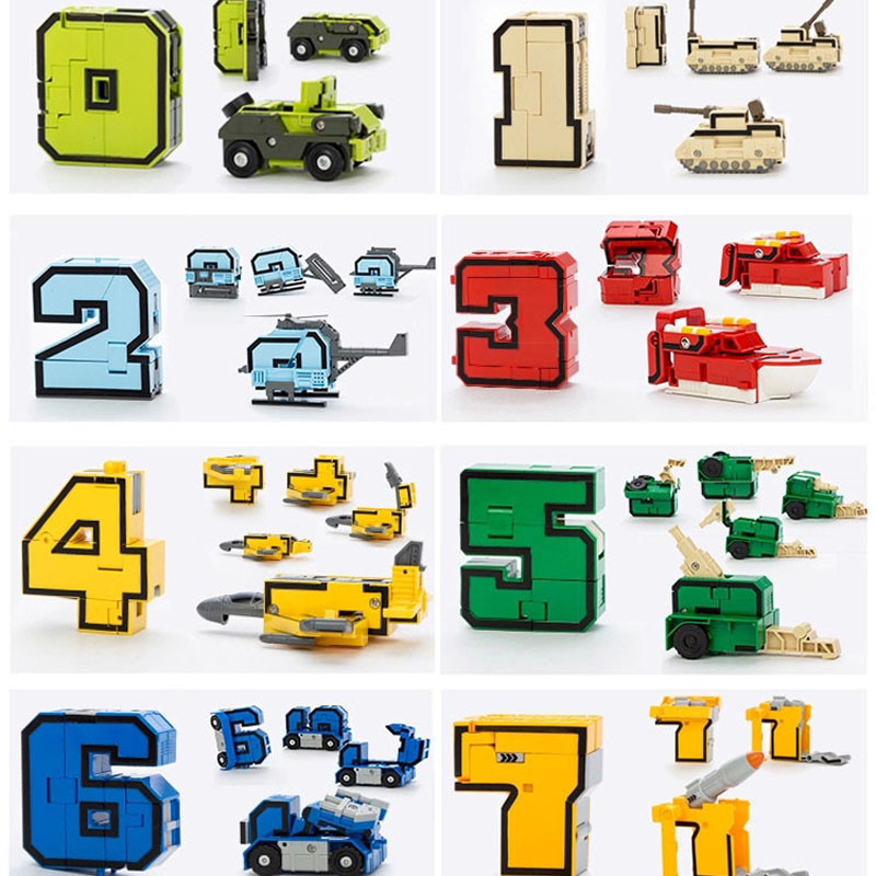 FunsLane 10 ชิ้น 0-9 หุ่นยนต์ปริศนา Creative Assembling Building Block Puzzle ดิจิตอลตุ๊กตาแปลงสภาพหุ่นยนต์เปลี่ยนเครื่องบินรถเด็กของขวัญของเล่นเพื่อการศึกษา Building Block Assembling Action ของเล่นรุ่น