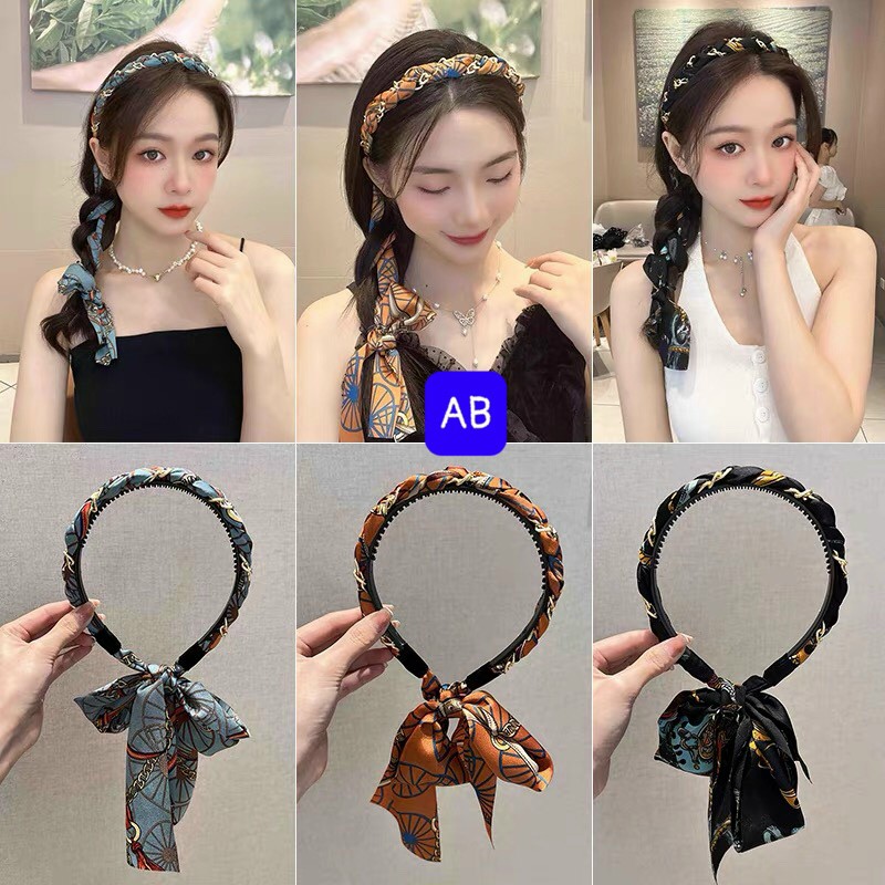 Băng đô cài tóc phối satin xích vàng sang chảnh- bờm tóc tiểu thư Hàn Quốc