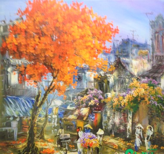 Tranh Phố Cổ văn mỹ thể kèm khung