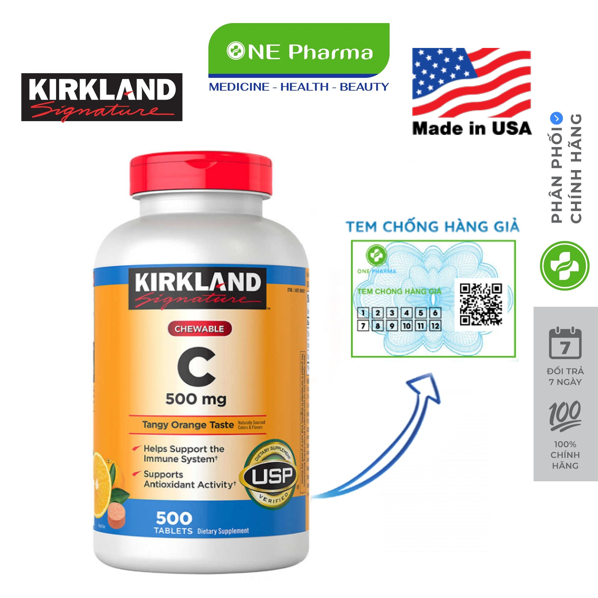 Viên nhai vitamin c tăng cường hệ miễn dịch 500mg kirkland signature 500 viên