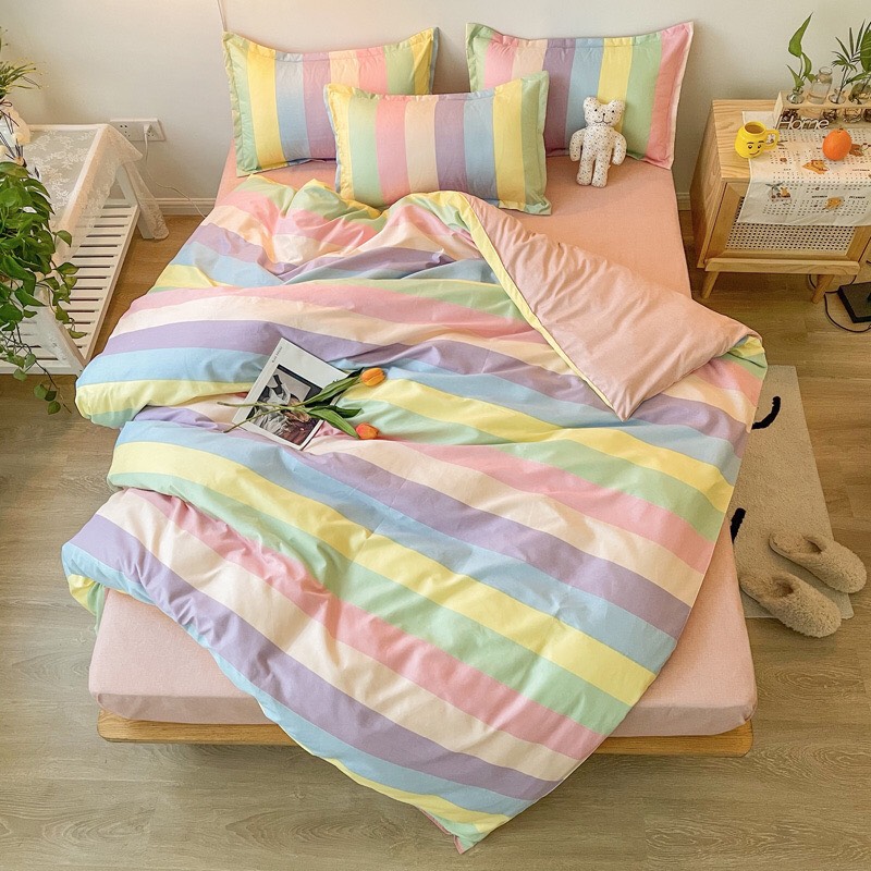 Trọn Bộ 4 Món Cotton Poly Nhập Mẫu KẺ SỌC MÀU, chất vải cotton poly chống nhăn tuyệt đối, bo chun chắc chắn theo kích cỡ đệm.