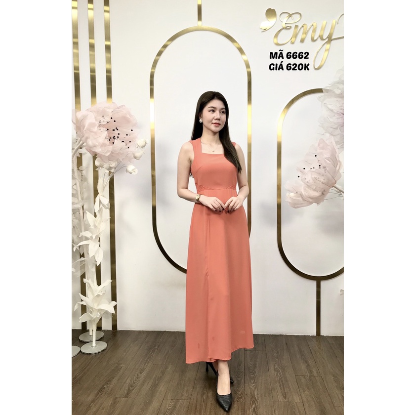 Đầm EMY EM6662 Maxi Cam Sát Nách Xẻ Tà