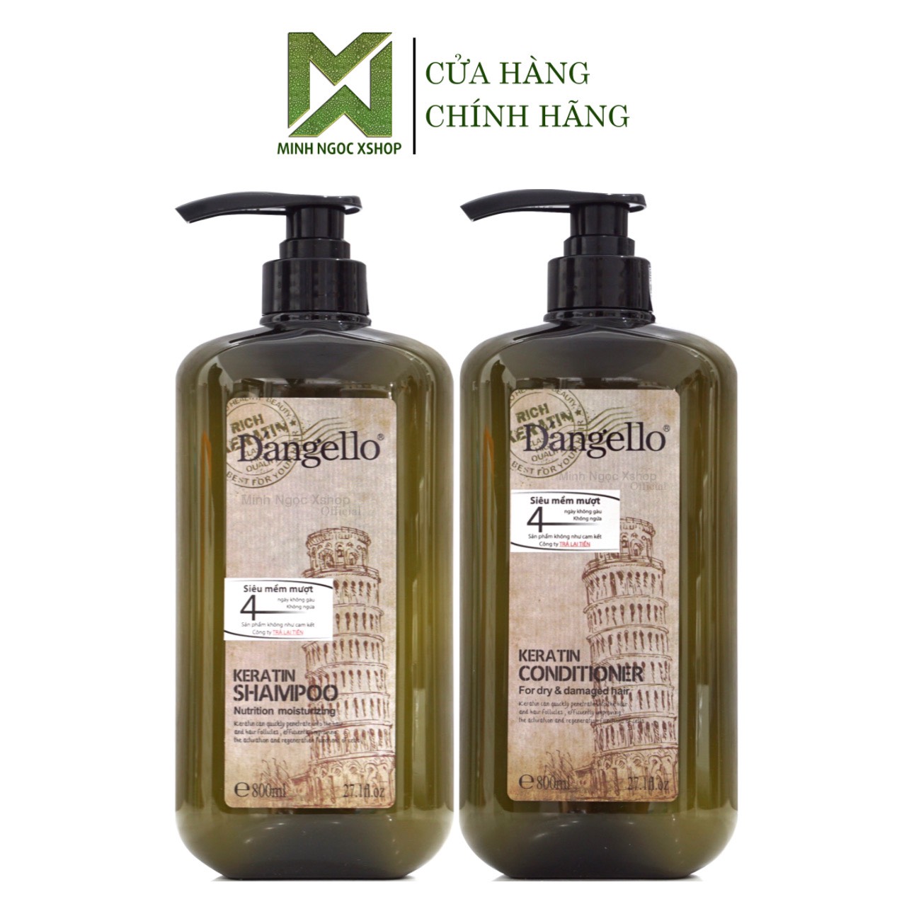 Dầu gội xả siêu mượt Dangello Keratin 800ml, phục hồi siêu mượt chuẩn salon tại nhà chính hãng