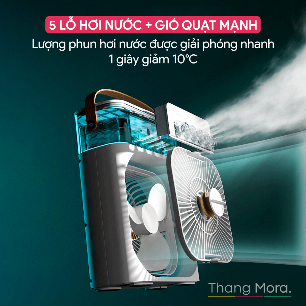 Quạt Phun Sương Mini Làm Mát Không Khí Tích Hợp Đèn Led Thông Minh, Quạt Hơi Nước Mini Điều Hòa Không Khí, Hẹn Giờ Tích Hợp Đèn Ngủ