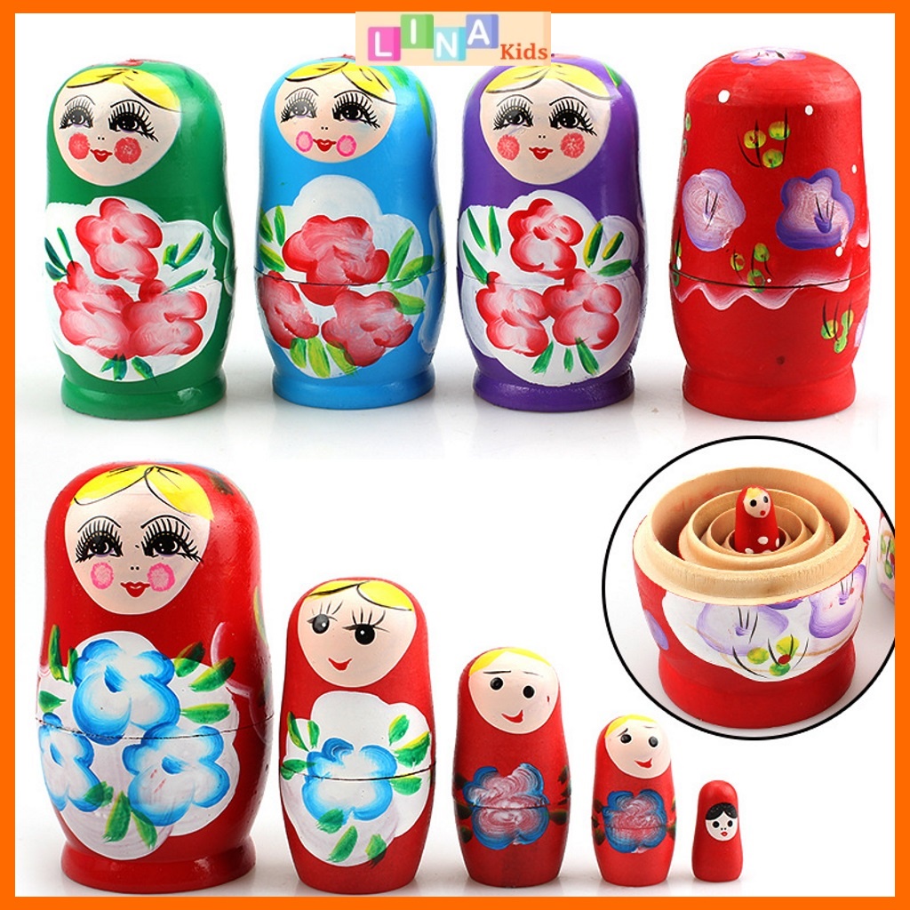 Bộ đồ chơi 5 búp bê Nga bằng gỗ từ nhỏ đến lớn có thể lồng vào nhau