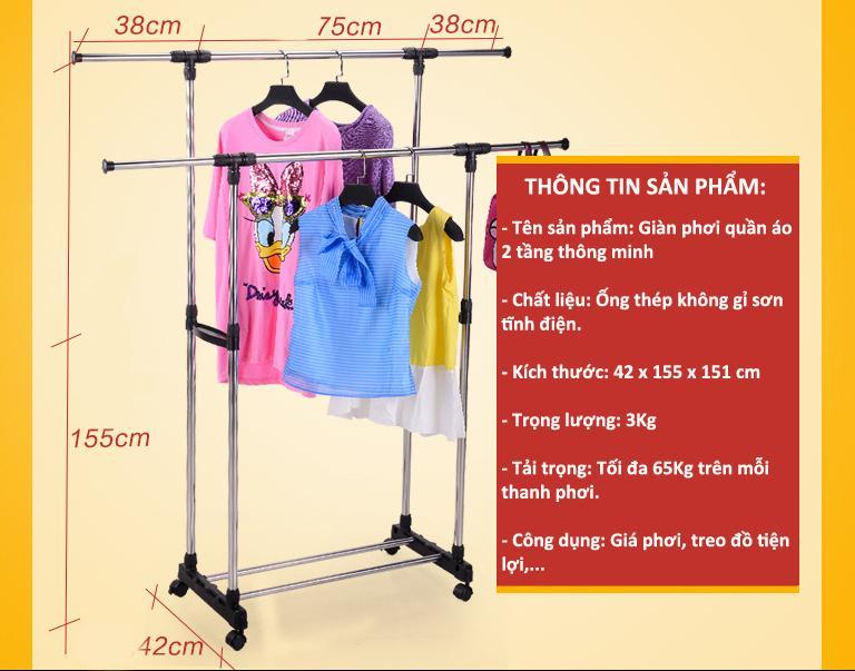 [HCM]Cây treo quần áo inox  Sào Phơi Đồ Thông Minh Giàn Phơi Quần Áo. Giàn Phơi Đồ Quần Áo Sào phơi inox chắc chắn 2 tầng có bánh xe di chuyển. bảo hành 12 tháng.