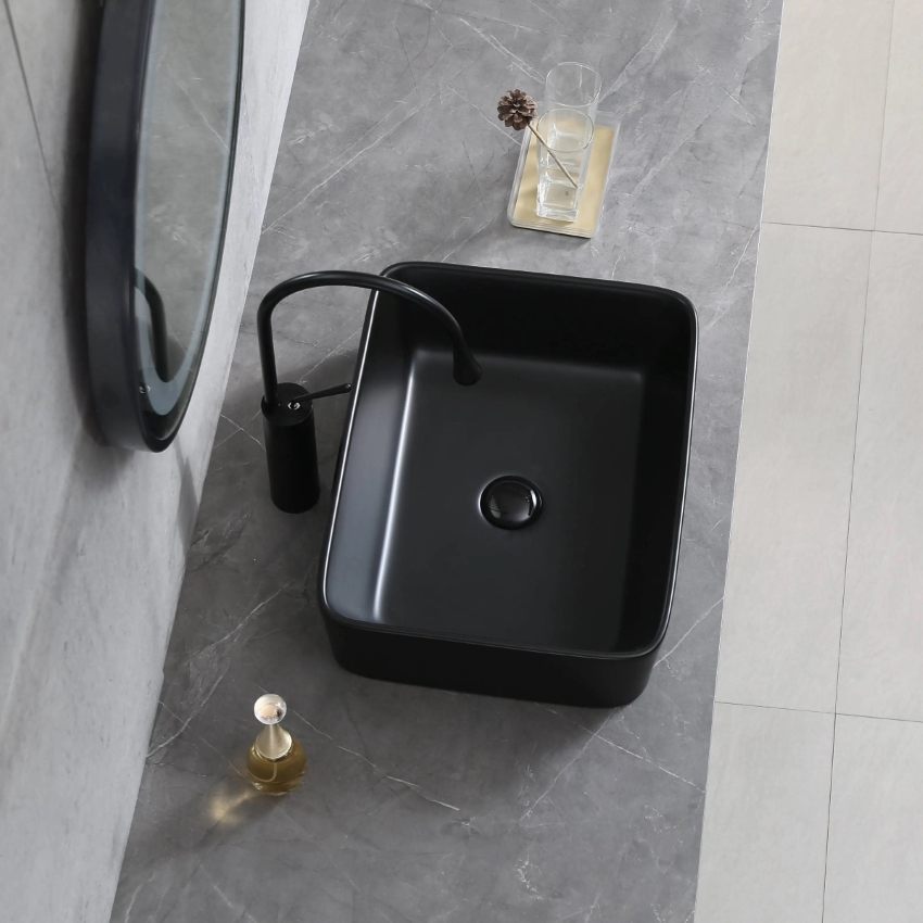 Chậu lavabo màu đen mờ kiểu vuông loại đặt bàn