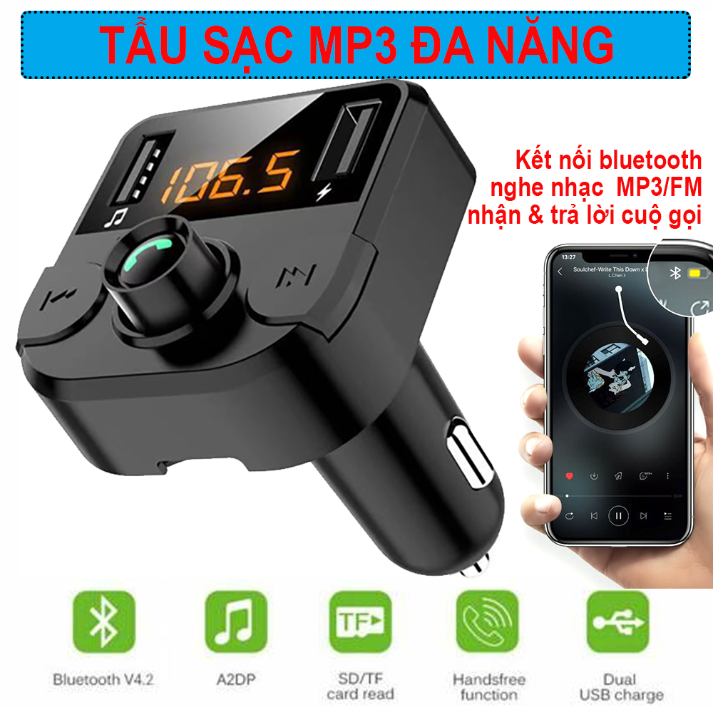 Tẩu sạc ô tô, tẩu sạc ô tô thông minh, bộ chia tẩu sạc xe hơi, củ sạc điện thoại trên ô tô. kết nối bluetooth, nghe nhạc, fm, sạc pin, chế độ điện thoại rảnh tay.