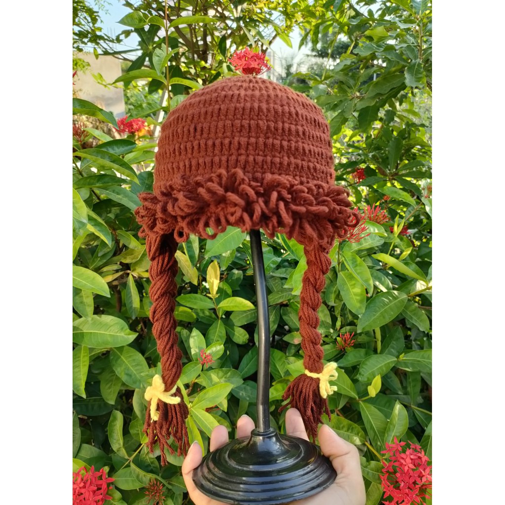 Nón len handmade có 2 bím tóc búi cho bé yêu