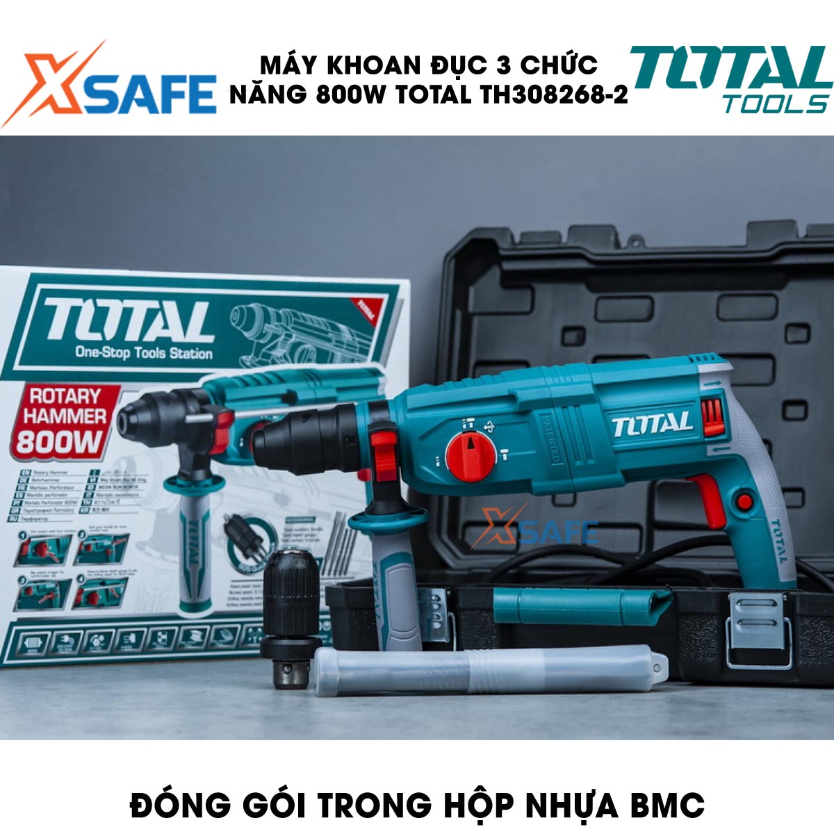 Máy khoan búa cầm tay 3 chức năng 800w Total TH308268-2 đầu gài sds plus, tốc độ 1100rpm, tốc độ búa 4000bpm, lực đập 2.5j, khoan bê tông 26mm, sắt 13mm, gỗ 30mm, kèm 3 mũi khoan bê tông và 2 mũi đục Máy khoan đục