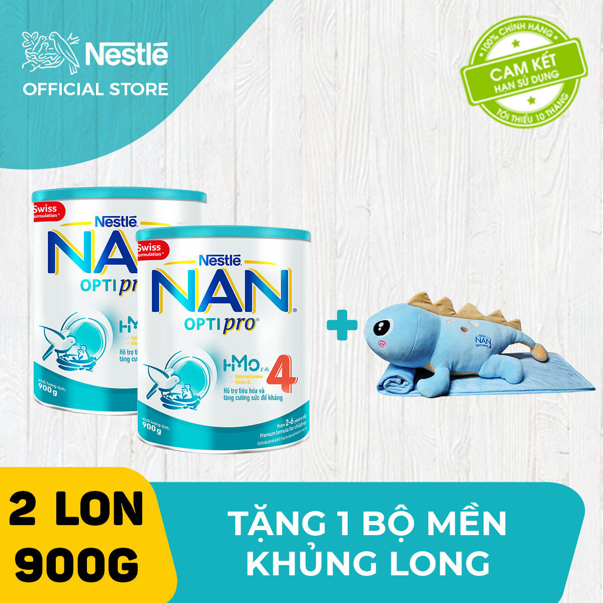 Bộ 2 lon sữa bột Nestle NAN Optipro 4 cho trẻ trên 2 tuổi 900g + Tặng 1 bộ mền khủng long nằm