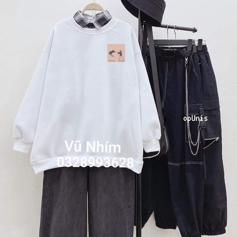 Áo Sweater nỉ đôi bạn thân màu trắng
