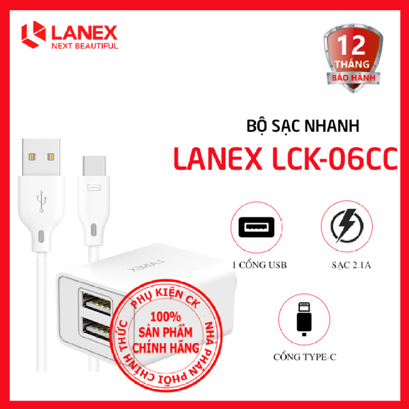 Bộ sạc nhanh Type-C 2 cổng USB 2.1A Lanex LCK-06CC dài 1m - Dành cho điện thoại Android